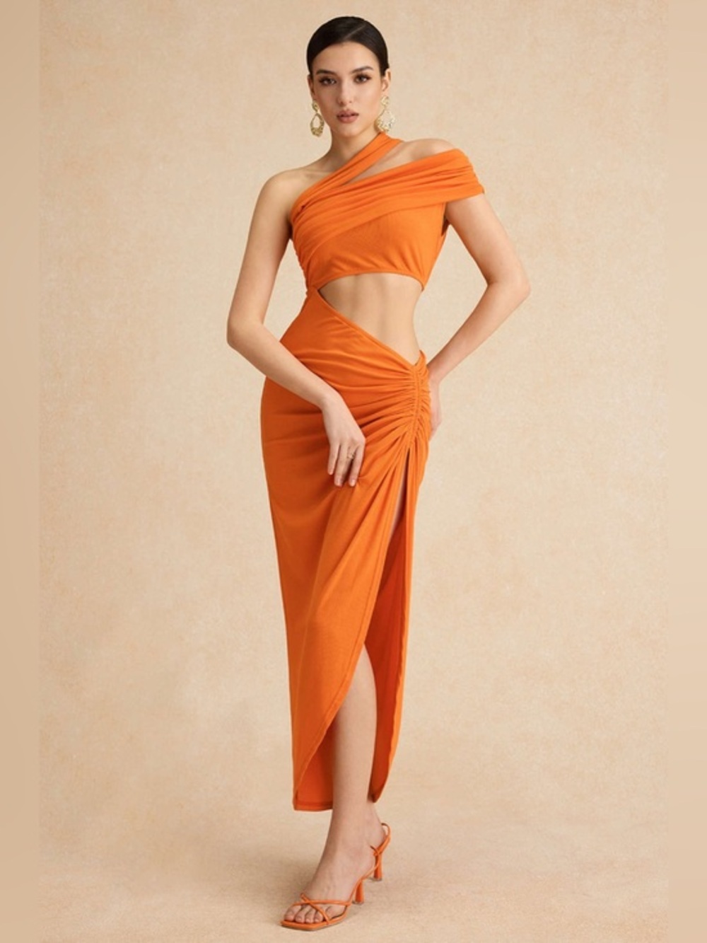 Micas One-Shoulder Orange Cutout Ruched Midi Dress L